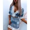 2026 Nuova Tendenza Moda Donna Abito Stampato Scollo a V con Cintura in Pizzo