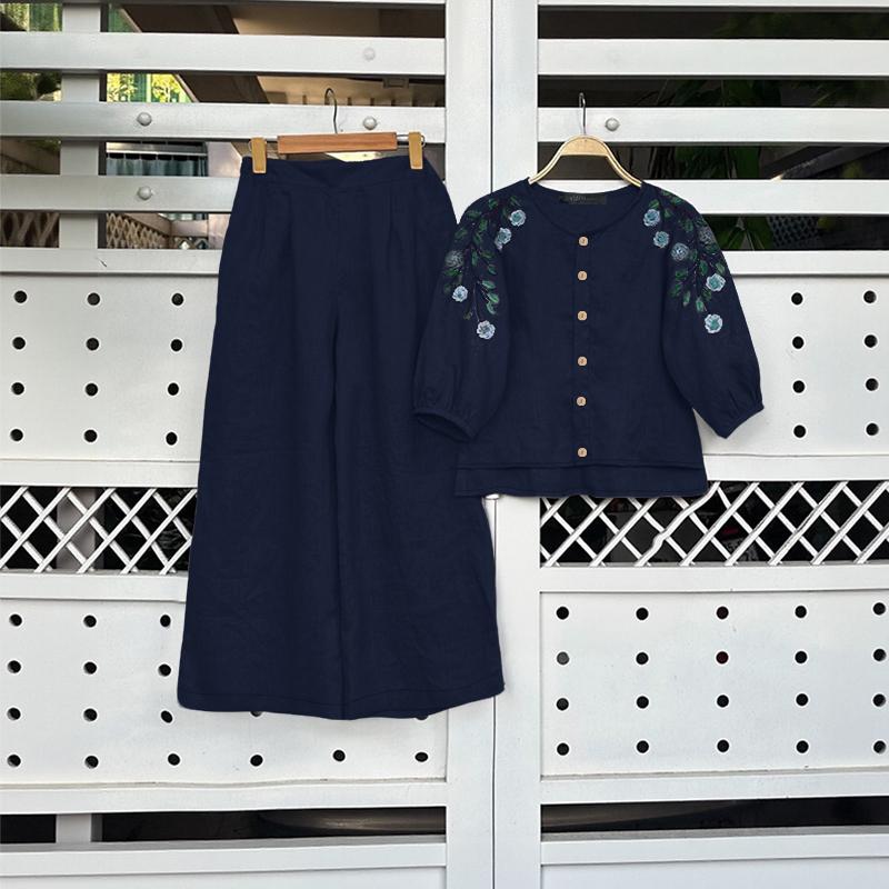ZANZEA Women 3/4 Sleeve Print Blouse and Pants Casual Two Piece Suit Sets