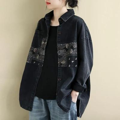 Black Loose Long-sleeved Denim Shirt Women's Spring Lapel Stitching Print Casual Denim Jacket Female Autumn Outwear Tops Plus Size