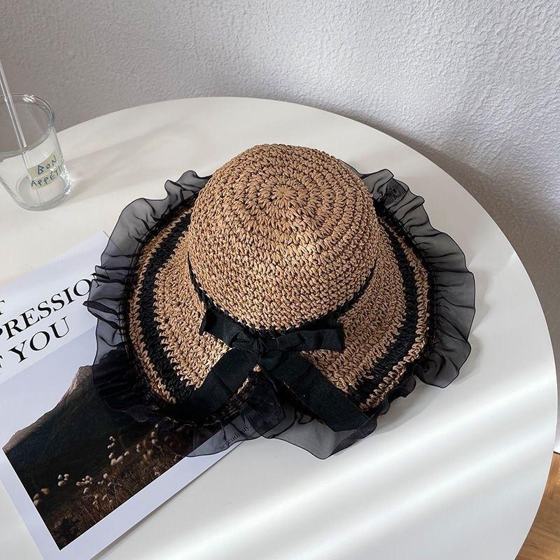 Lace Straw Sun Hat Children's Large Brim Summer Breathable Straw Hat Seaside Full Face Shading Sun Protection Hat Tide