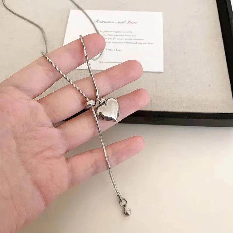 Stainless Steel Exquisite Long Necklace with Heart Pendant Adjustable Chain Sweater Neck Jewelry for Women Accessories Gifts