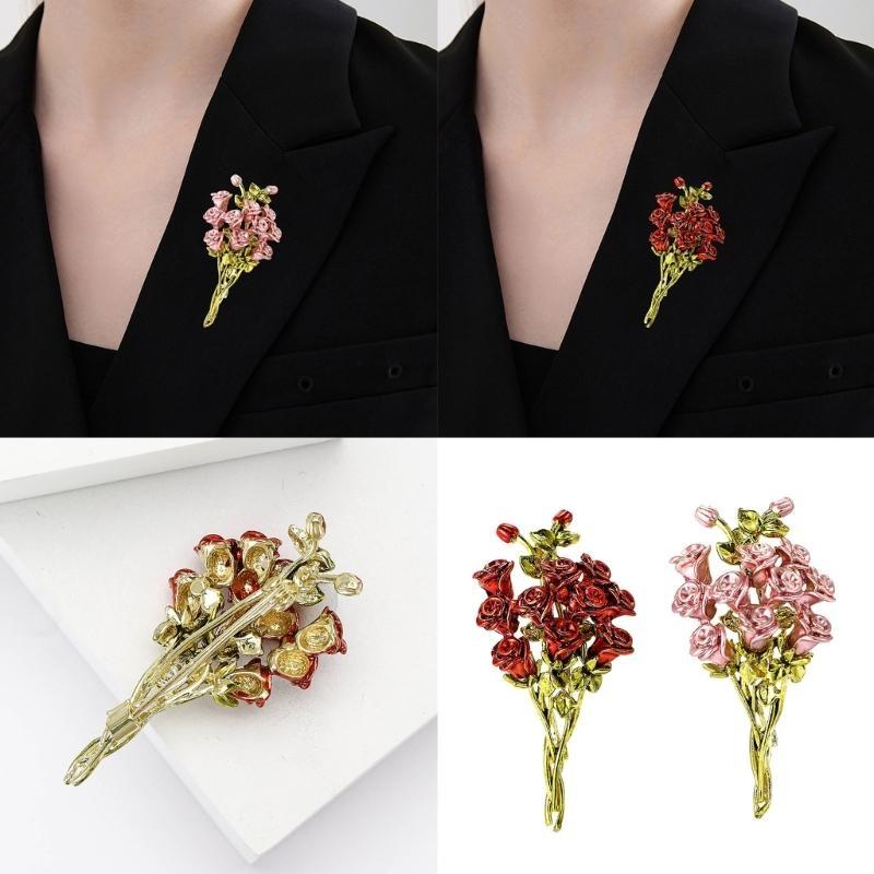 Pink Red Roses Flowers Brooches Lapel Pin For Women Beautiful Bouquet Plants Party Office Brooch Pins Gifts