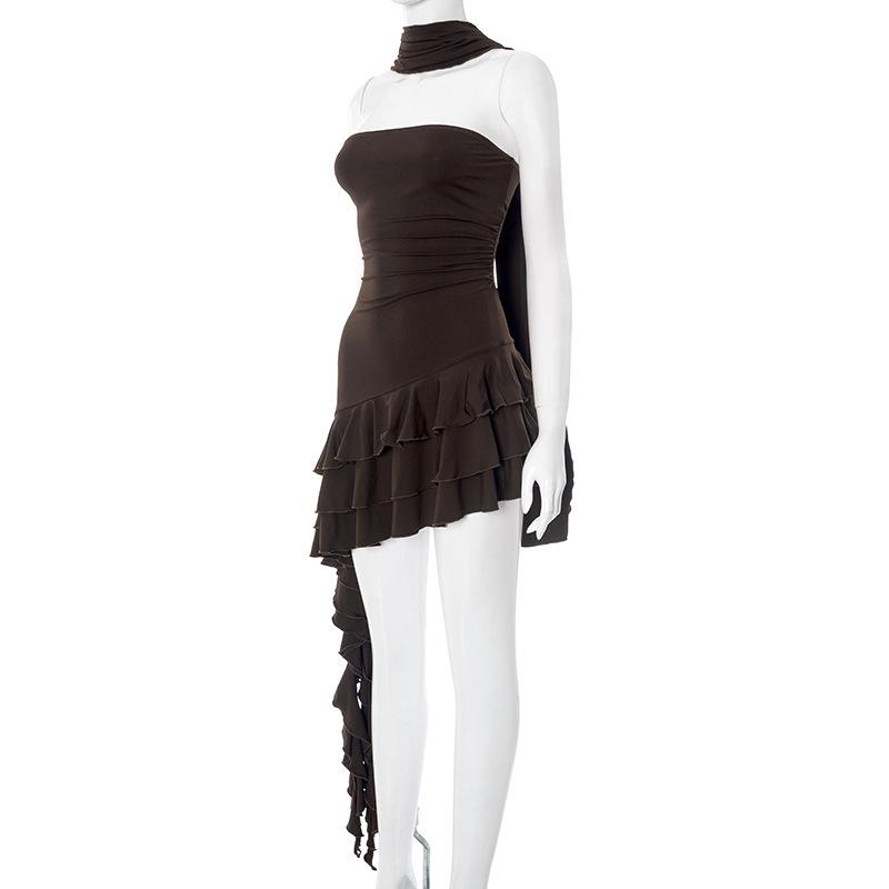 European Off-Shoulder Asymmetrical Ruffle Dress - Women’s Summer Solid Color Bandeau Style