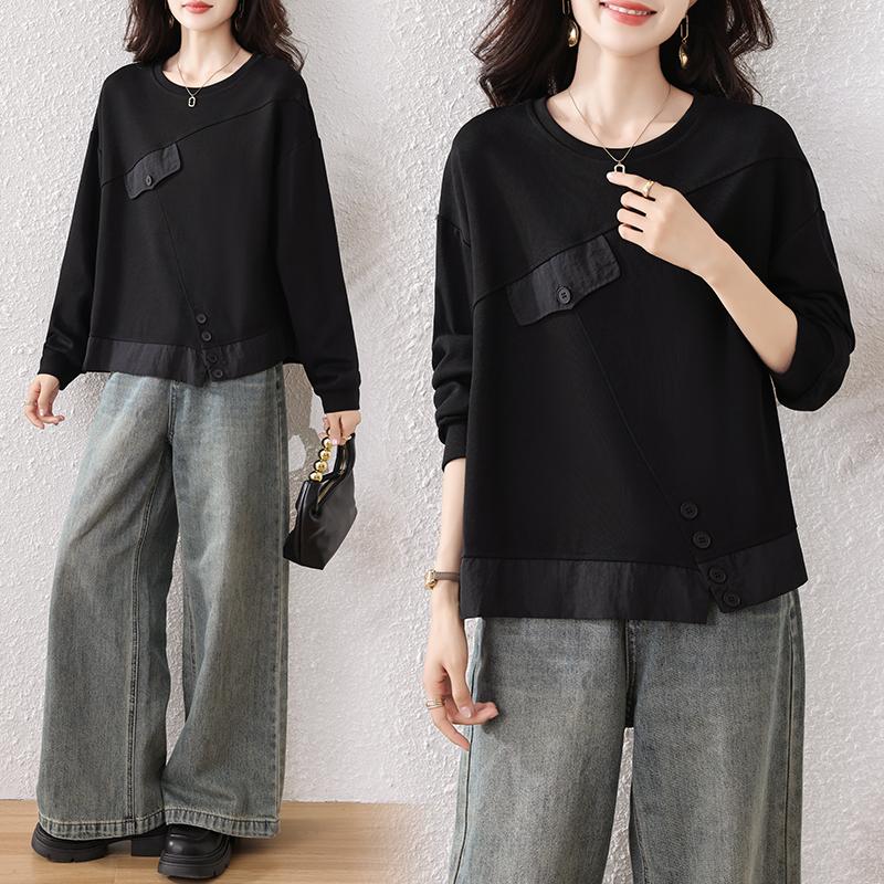 DIMANAF 2025 Plus Size Women Hoodies Shirts Black Autumn T-shirt Long Sleeve Loose Casual Tops Tees