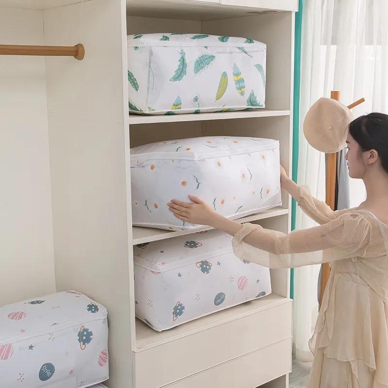 Foldable Quilt Storage Bag Feather Print Home Clothes Quilt Pillow Blanket Storage Bags Travel Luggage Organizer Bag Accessories