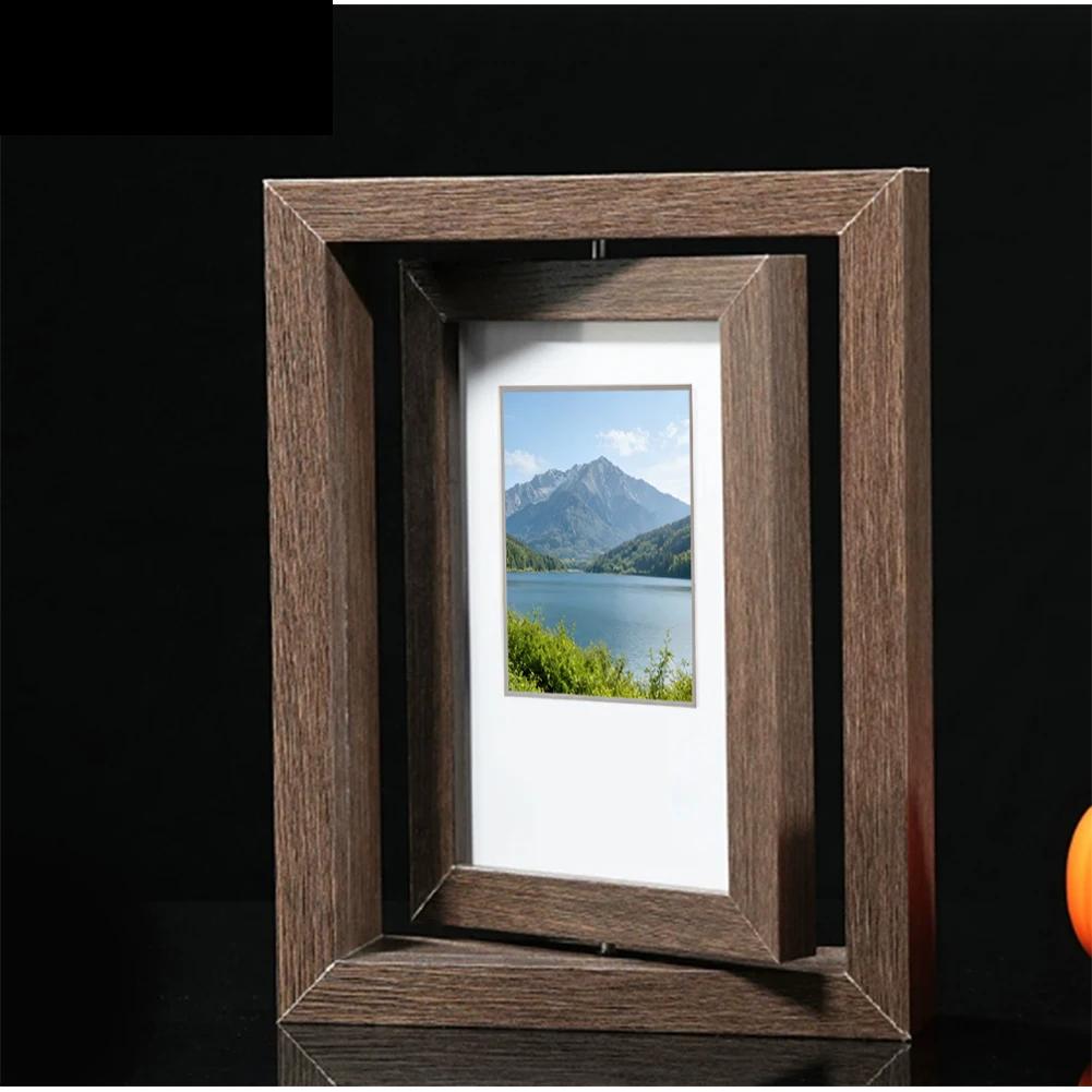 Dual-Sided 360° Rotating Wooden Picture Frame, Elegant Desktop Decor Holds Two 7-Inch Photos For Home Or Office Display