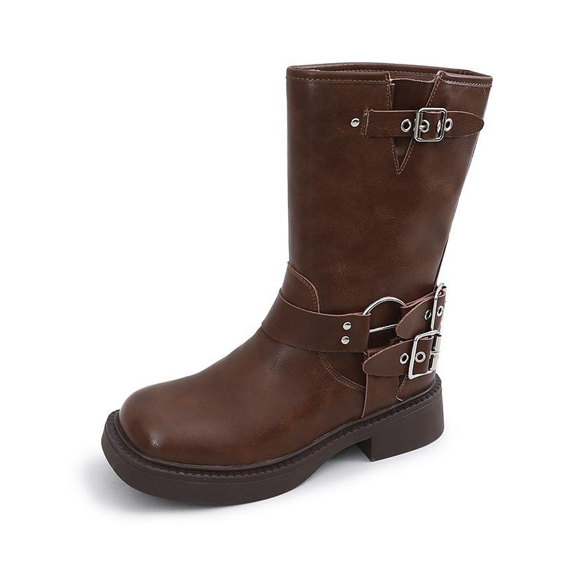 New cowboy boots women's autumn and winter mid-tube Martin boots women's square head thick heel boots women's casual retro women's boots trend