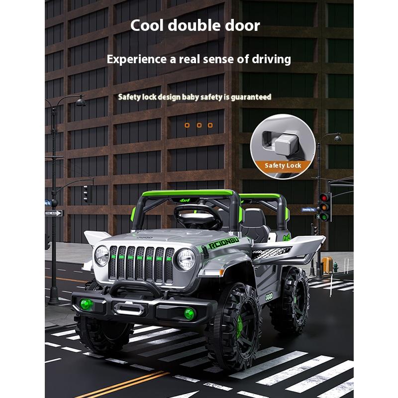 Çocuklar için elektrikli dört tekerlekli arazi uzaktan kumandalı çift sürüşlü oyuncak bebek arabası Bluetooth Müzik LED Işıkları 3 mod