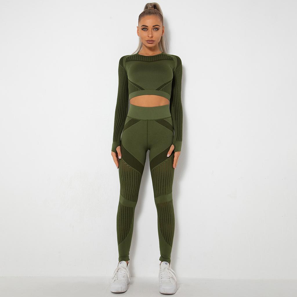 Set Yoga Donna 2 Pezzi Completi Senza Cuciture Manica Lunga Sexy Rete Forata Traspirante Set Palestra Push Up Tuta Abbigliamento Sportivo