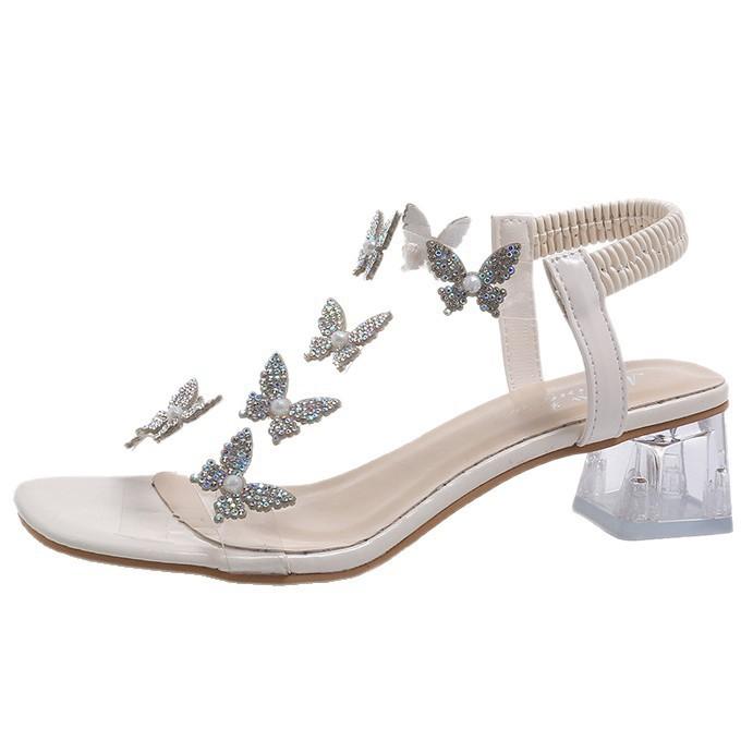 Women wear 2025 new thick heel sandals Internet celebrity transparent crystal rhinestone fashion bow fashion high heel sandals