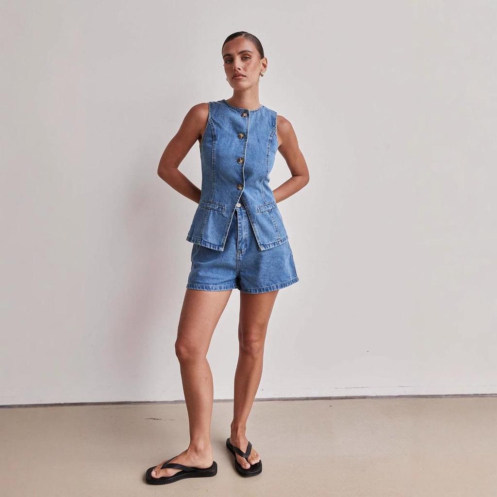 Spring Summer Fashion Sleeveless Waist High Waist Loose Cowboy Shorts Set