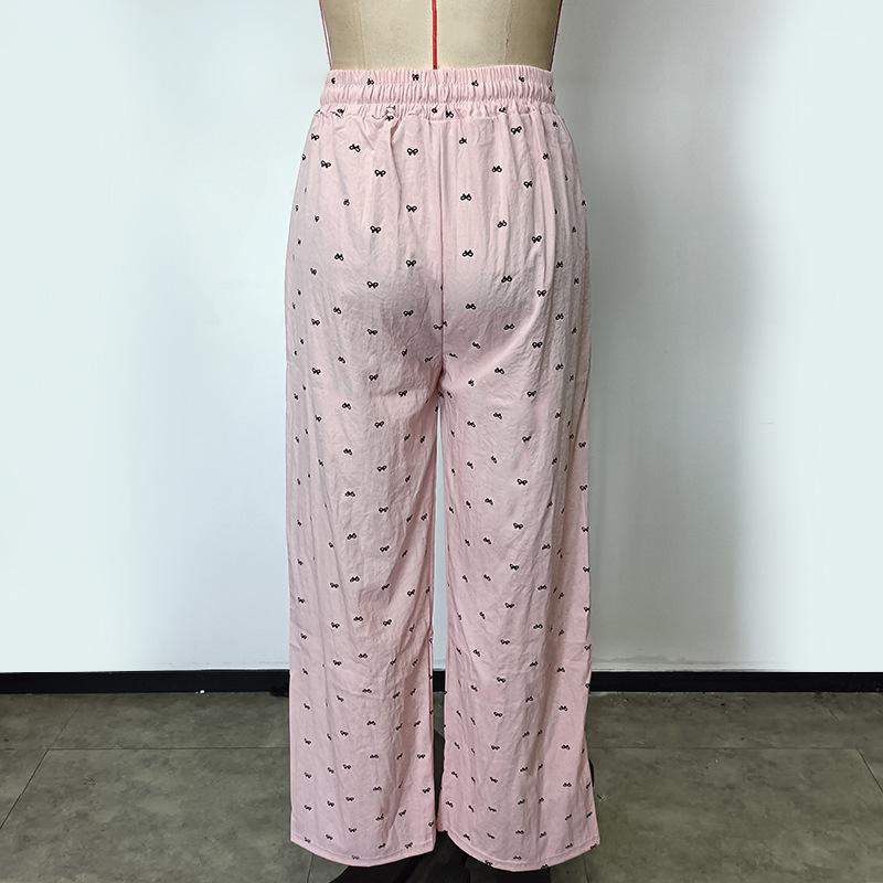 Women's Pants Elastic Waist Printed Tie Straight Draped Casual Pants Long Trousers
