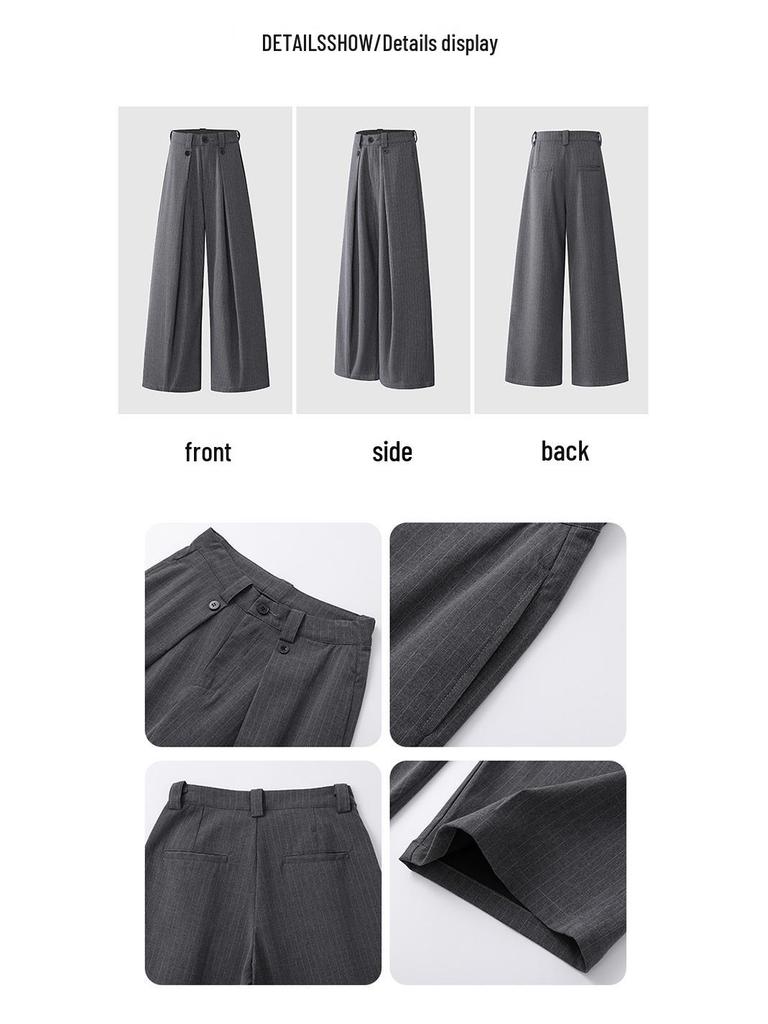 Gray Striped Wide-Leg High-Waisted Women's Pants - 2026 Spring Arrival, Straight and Slimming Versatile Suit Style.