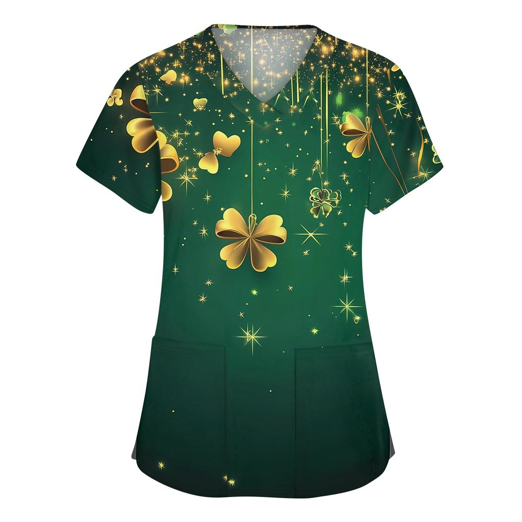 Women's Fashion V-neck Short Sleeve Workwear With Pockets Printed Tops