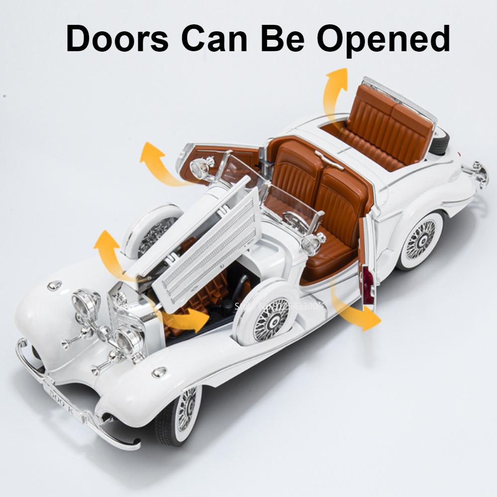 EEAO1 Large Scale 1:18 Benz 500K Classic Car Model Toy Shock Absorption Music Light Doors Opened Retro Vehicle Models Ornaments Gifts