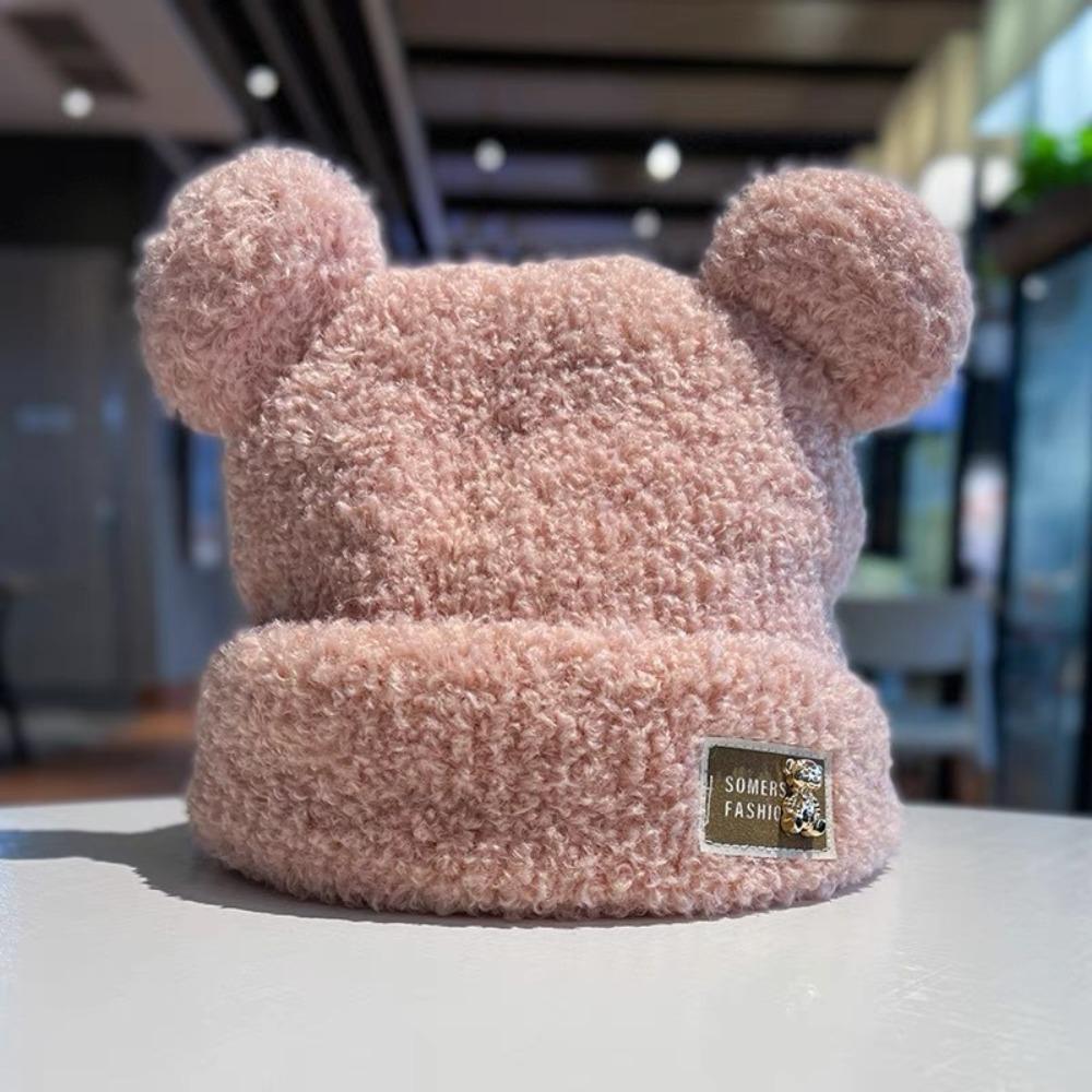 Solid Color Knitted Warm Cap Thickened Bear Ear Hat Fashion Plush Cap  Winter Outdoor