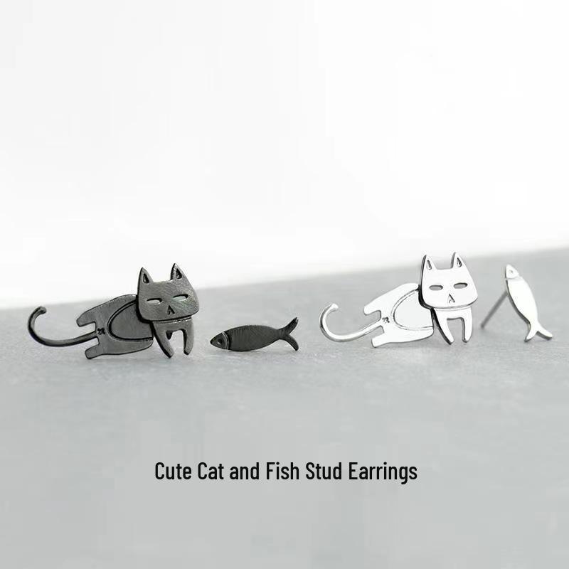 S925 Sterling Silver Asymmetrical Cat and Fish Stud Earrings, Korean Cute Fashion for Women