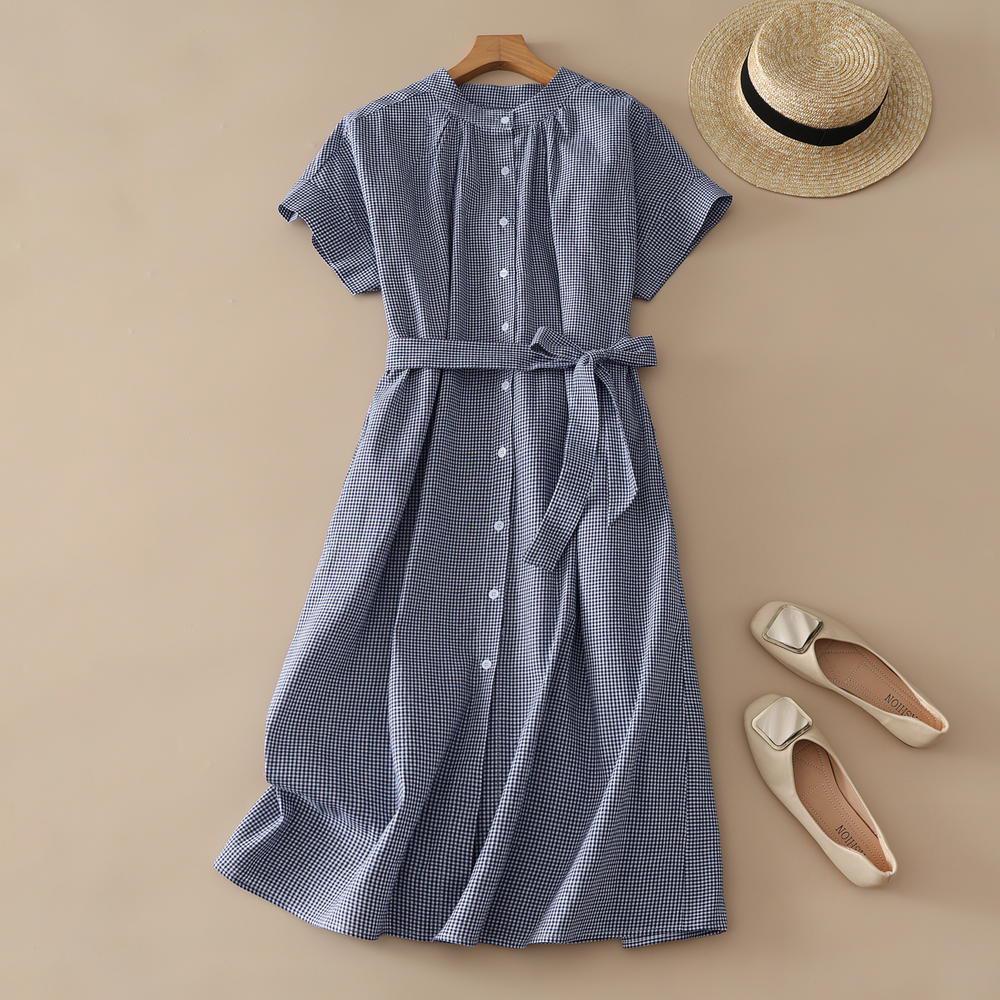 European & American Women s Summer Plaid Tie-Waist Mid-Length Dress - Slimming French Style S темно-синий