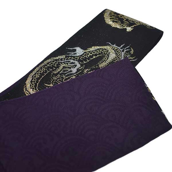 Stylish Kimono Iroha Square Obi with Dragon and Tiger Design Men's (Black)