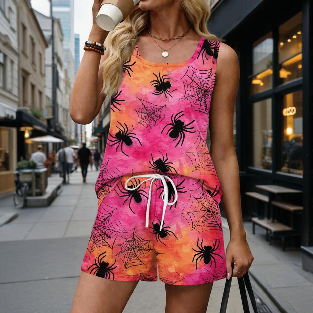 Women Sleeveless Two Piece Set Summer Casual Shorts Set Vintage Print Tank Top Square Neck Sleeveless Sportwear with Pockets