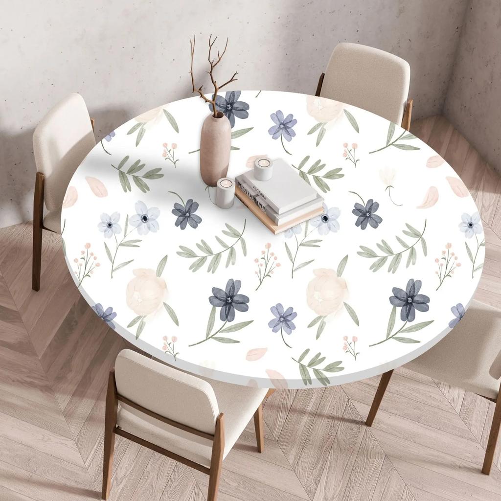 Plant Flower Patterns Round Tableclothes for Dining Table Fitted Table Protector Cover Elastic Edge Desk Decoration Waterproof