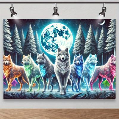 1pc Mystical Wolf Pack Tapestry - Glowing Fur Wolves & Enchanted Forest Backdrop with Full Moon, Multicolor Night Sky - Self-Lit