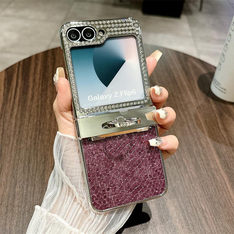 Diamond Frame 3pcs Folding Case For Samsung Galaxy Z Flip6 Flip5 Leather Shockproof Ring Holder Slim Hard PC Phone Cover