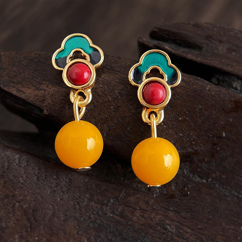 Vintage Cloud Enamel & Synthetic Amber Earrings - Tibetan Ethnic Style