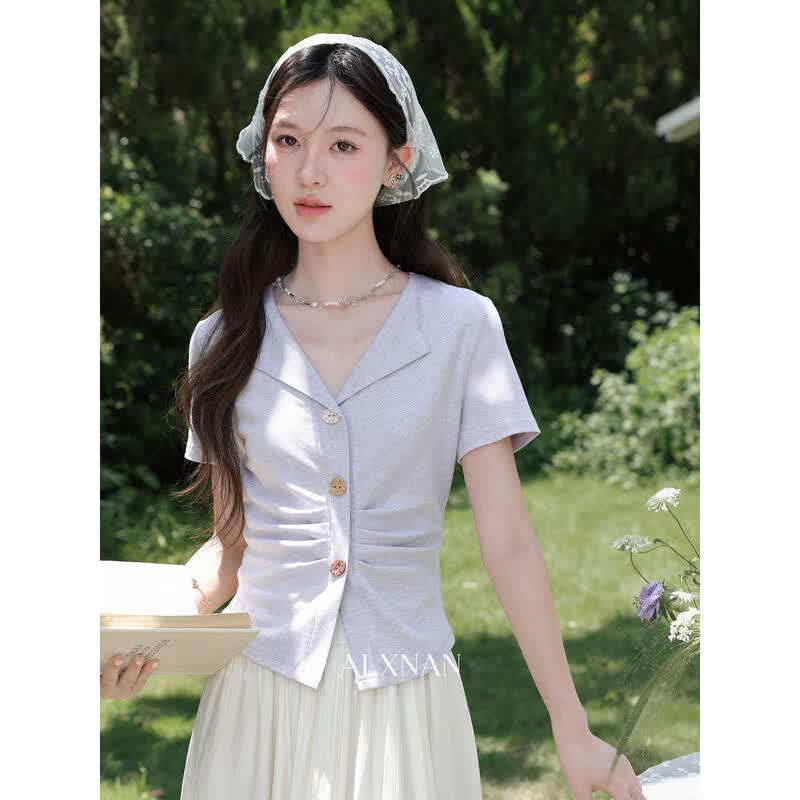Luxiangnan Women s French Gray-Purple V-Neck Short Sleeve Top S