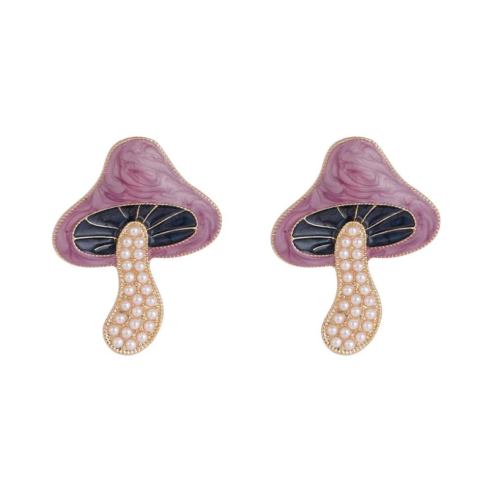 Summer Forest Series Mushroom Stud Earrings Women's Niche Design Sense Trendy Alloy Drip Oil Exaggerated Earrings Pearl Earrings