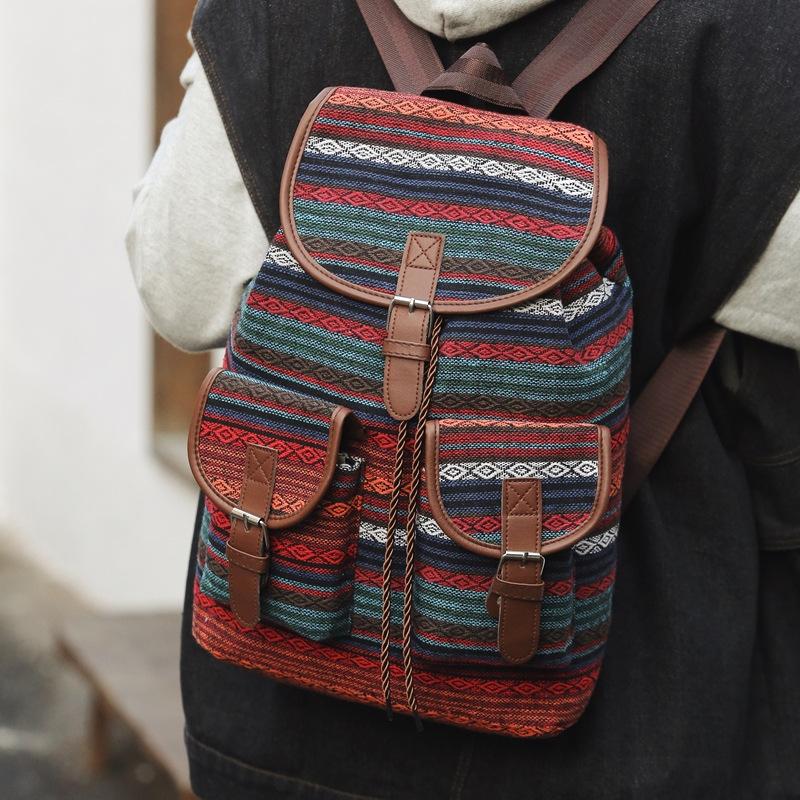 2026 New Female Ethnic Style Backpack Casual Plaid Drawstring Retro Women Large Capacity School Bag Drawstring Bucket Bag