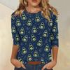 Women’s Casual Three Quarter Sleeve Halloween Print Crew Neck Top with Relaxed Fit for Seasonal Wear and Everyday Outfits