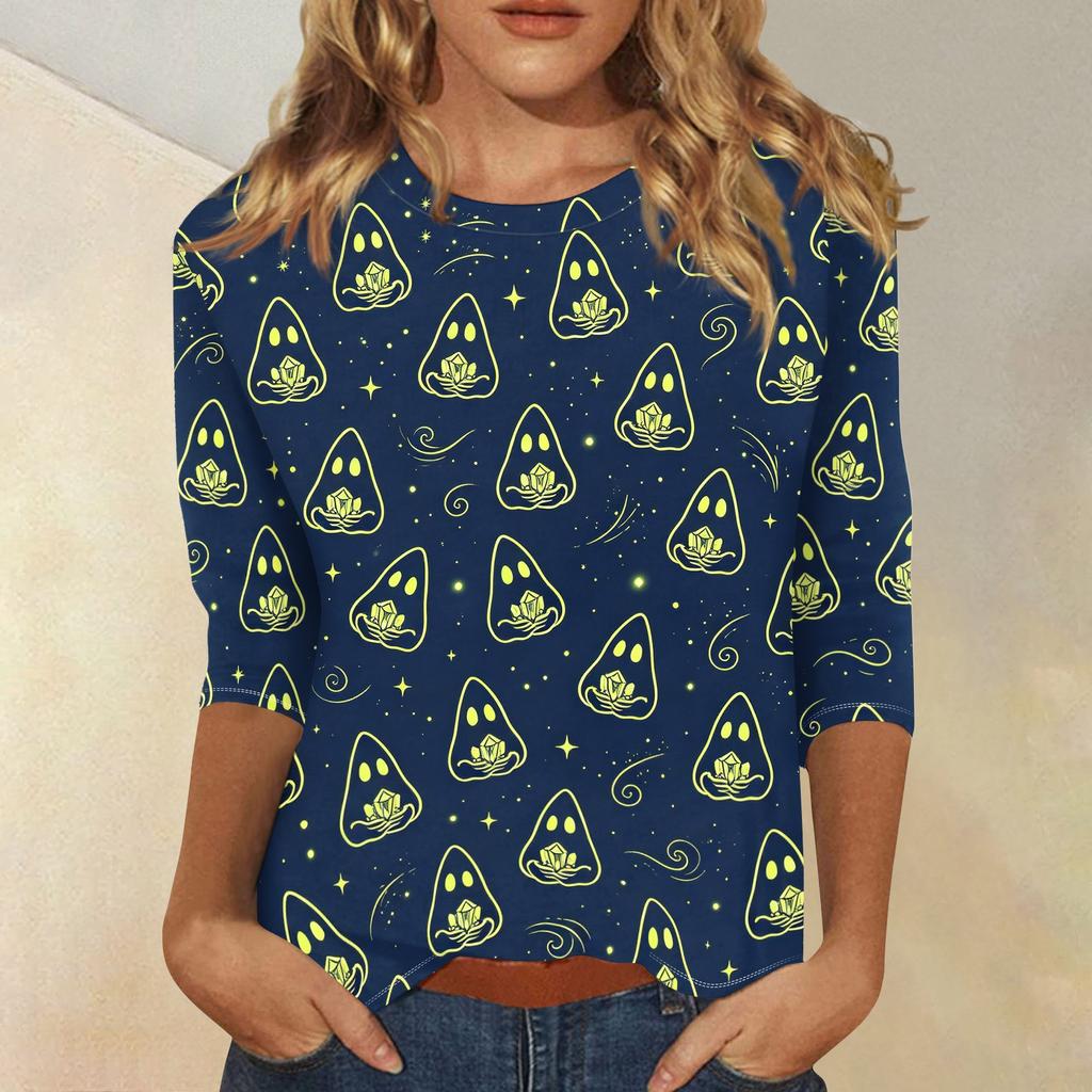 Women’s Casual Three Quarter Sleeve Halloween Print Crew Neck Top with Relaxed Fit for Seasonal Wear and Everyday Outfits