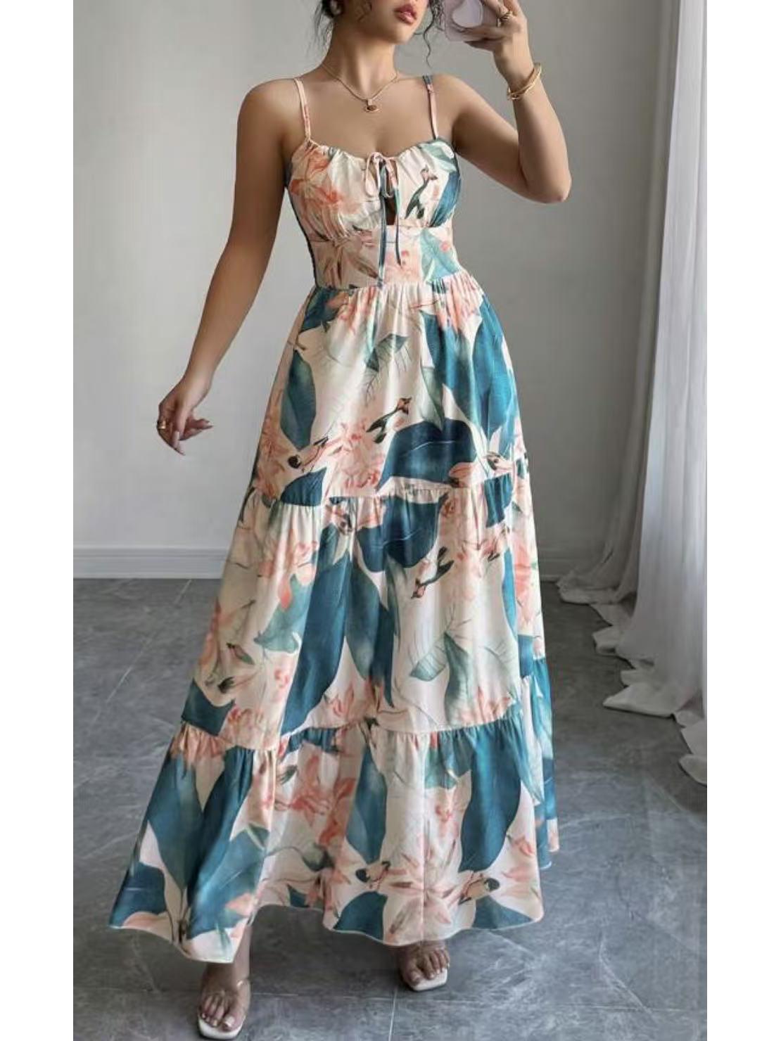 European & American Floral Print Spaghetti Strap Long Dress - Elegant 2026 Fashion for Women XXL павлин голубой