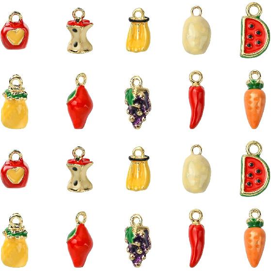 LiQunSweet 20 pcs 10 Styles Vegetable and Fruit Enamel Charms Watermelon Strawberry Banana Carrot Charms for DIY Jewelry Bracelet Necklace Earring