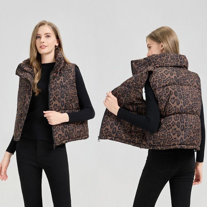 Women Short Stand Collar Leopard Print Loose Vest Jacket