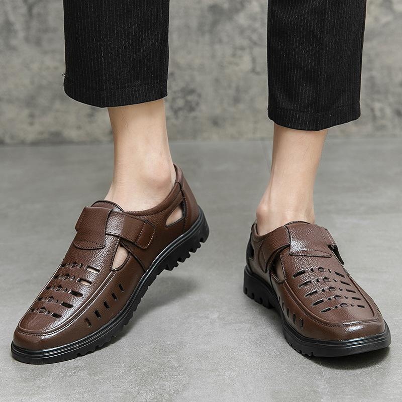 Summer sandals leather hollow hole shoes non-slip soft sole medium breathable casual cool leather shoes