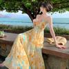 French Dopamine Yellow Beautiful Seaside Fairy Fluttering Holiday Pendulum Suspender Dress Printed Photo Dress
