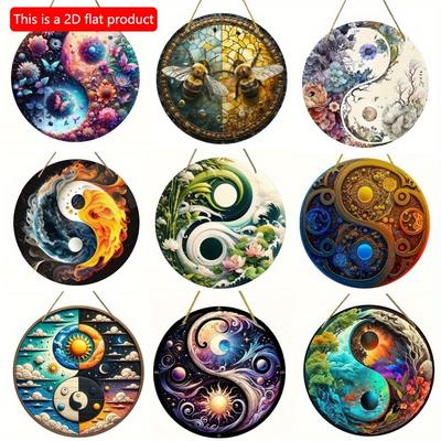1 szt. Płaski 2D Ciekawy Znak Artystyczny Tai Chi Yin Yang - 20cm Dekoracja Okrągły Drewniany, Do Domu Salon Pokój Kuchnia Bar Dekoracja Ścienna, Tabliczka Ogrodowa
