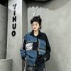 Womens Denim Shirt 2026 Street Style Polo Collar Long Sleeve Irregular Mid-Length Top With Letter Print