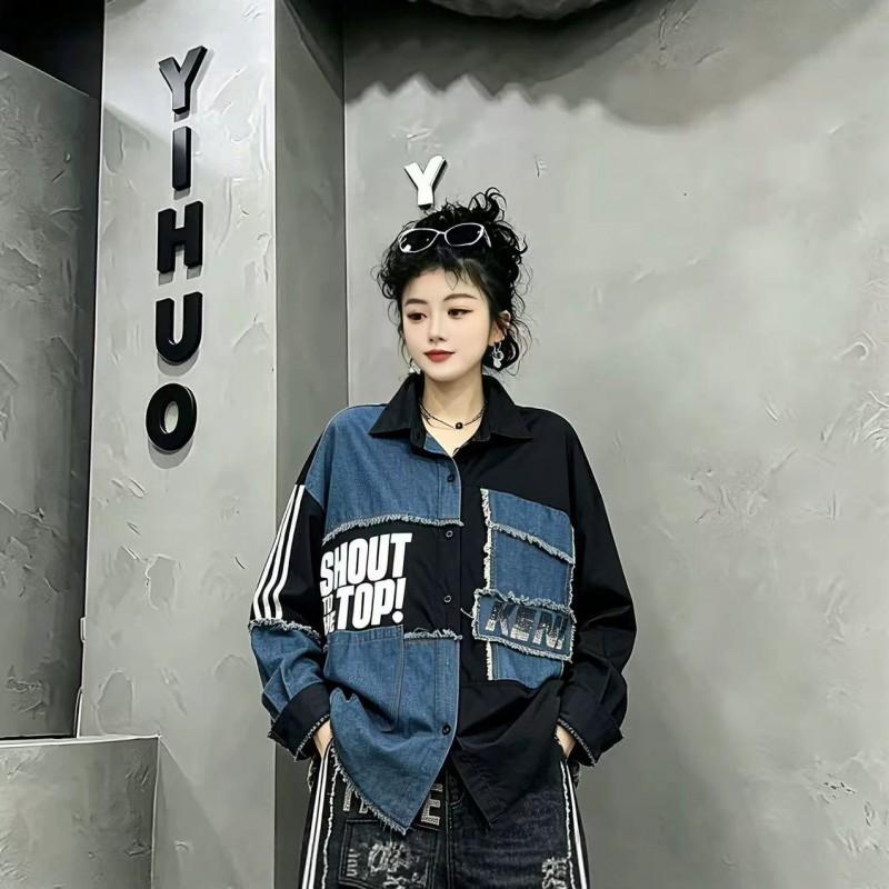 Womens Denim Shirt 2026 Street Style Polo Collar Long Sleeve Irregular Mid-Length Top With Letter Print