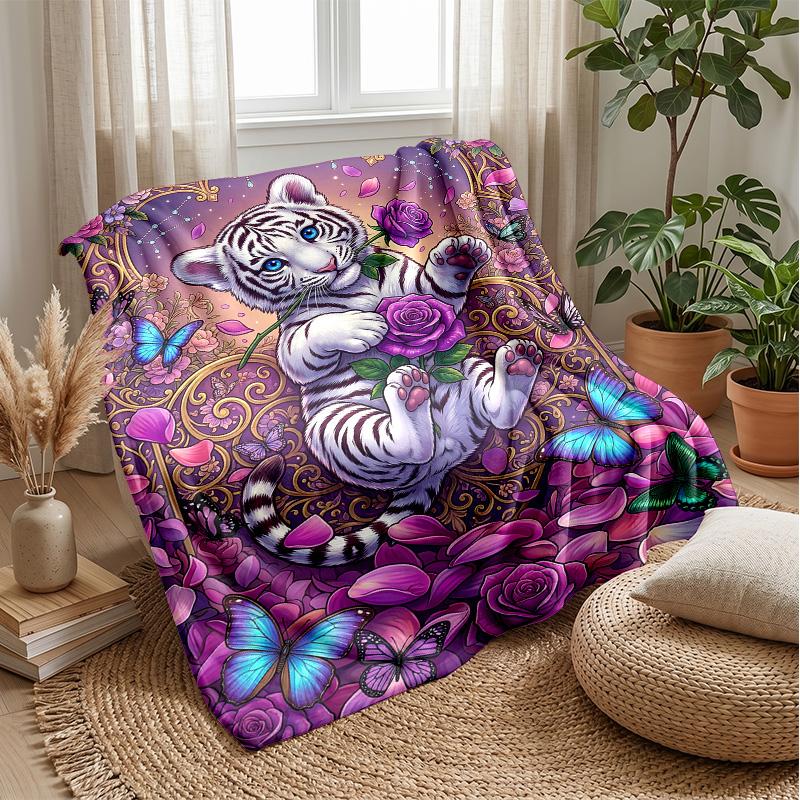 Tiger Relaxing on Beach Theme blanket Lightweight Warm Flannel Blanket Decorative Throw Blanket for Home Decoration