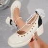 Fashion Plus Size 2025 Classics Women's High Heels String Bead Buckle Strap Bow Tie Rivet Chunky Heel Pumps for Mixed Color Dress Office