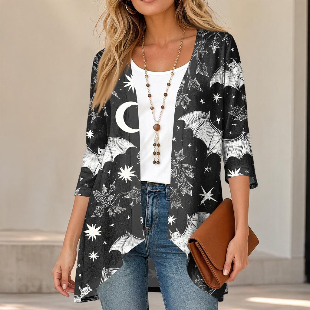 Women's Halloween Print 3/4 Sleeve Lightweight Loose Fit Cardigan for Casual Wear