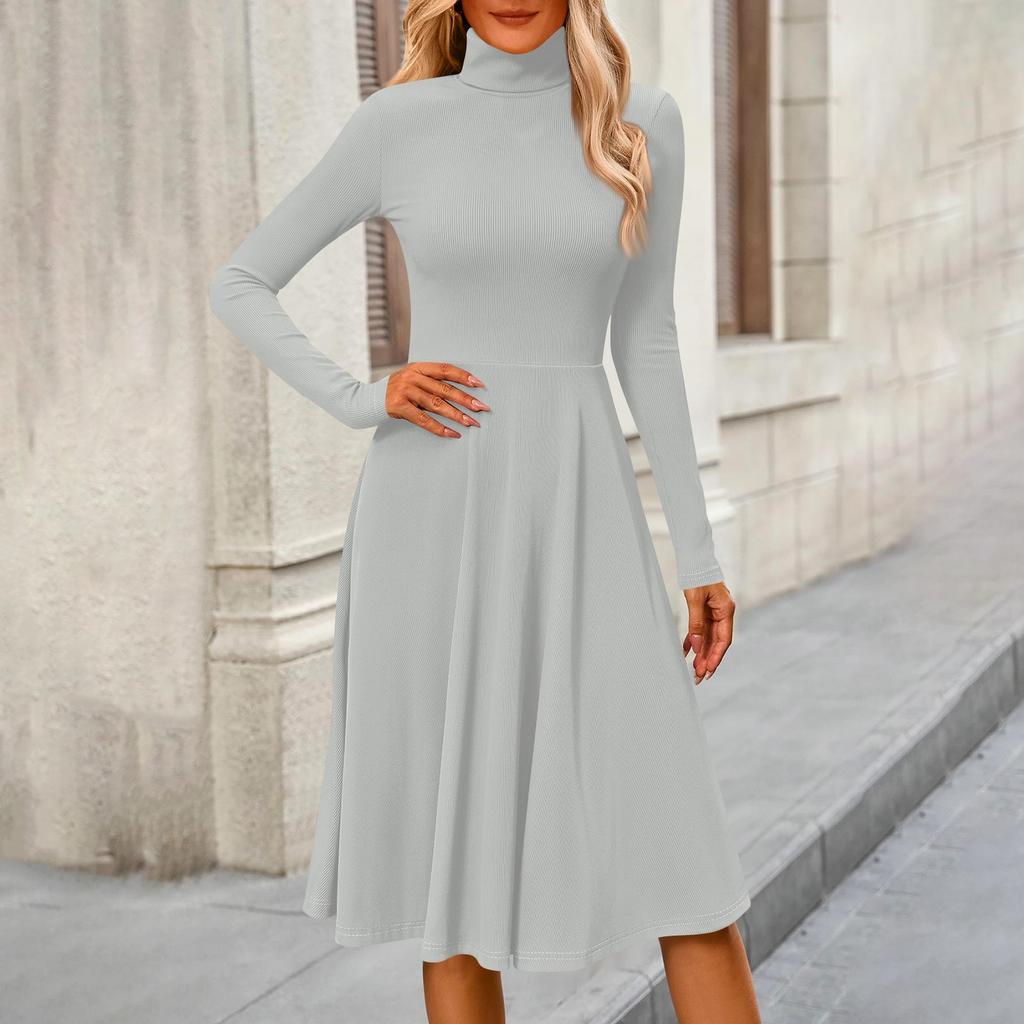 Women's Casual Fashion High Neck Long Sleeve Color Midi Dress