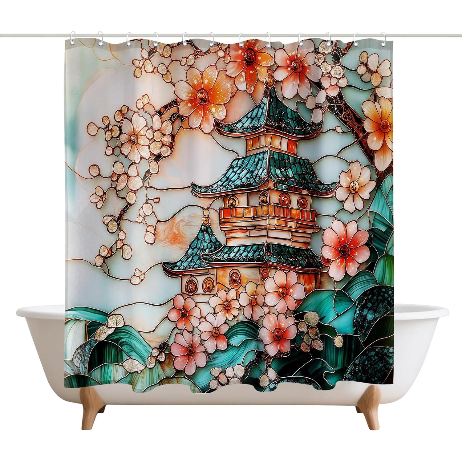 Stained Glass Japanese Pagoda Shower Curtains Cherry Blossom Tree Barn Door Decor Polyester Fabric Waterproof Bathroom Curtains 90x180cm