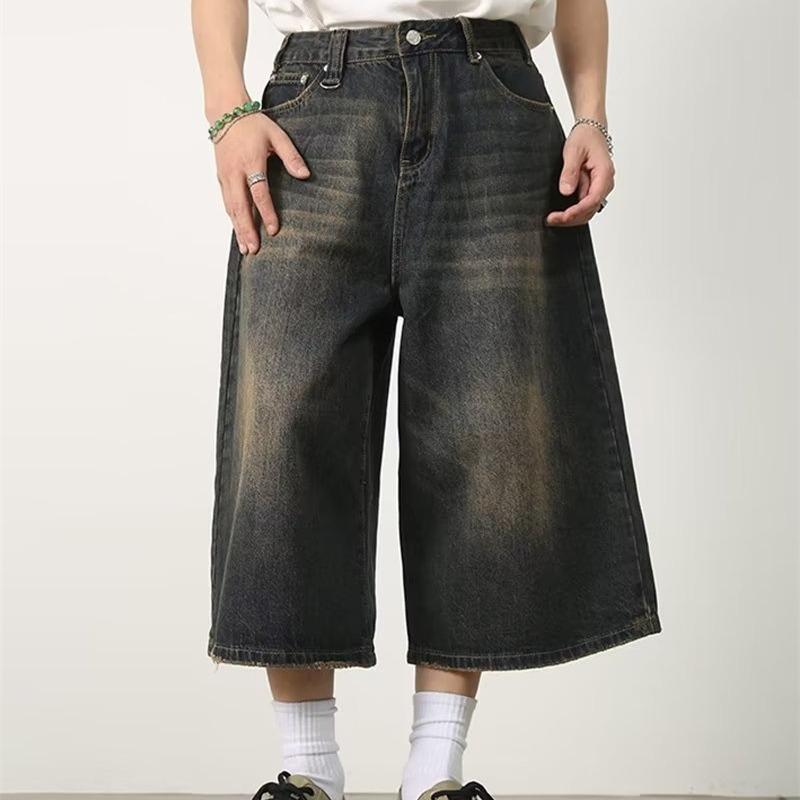 

Винтажные мужские джинсы в корейском стиле, летние свободные мужские шорты до колена с широкими штанинами, новинка 2024 года, модные потертые джинсовые брюки