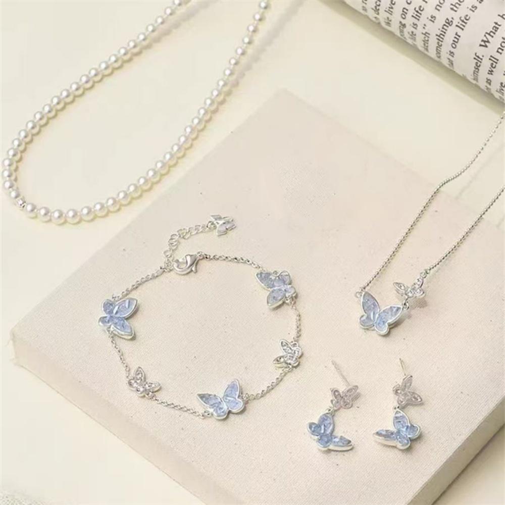 Light Luxury Crystal Butterfly Earring Bracelet for Women Elegant Imitation Pearl Choker Necklace Ring Party Wedding Jewelry Set