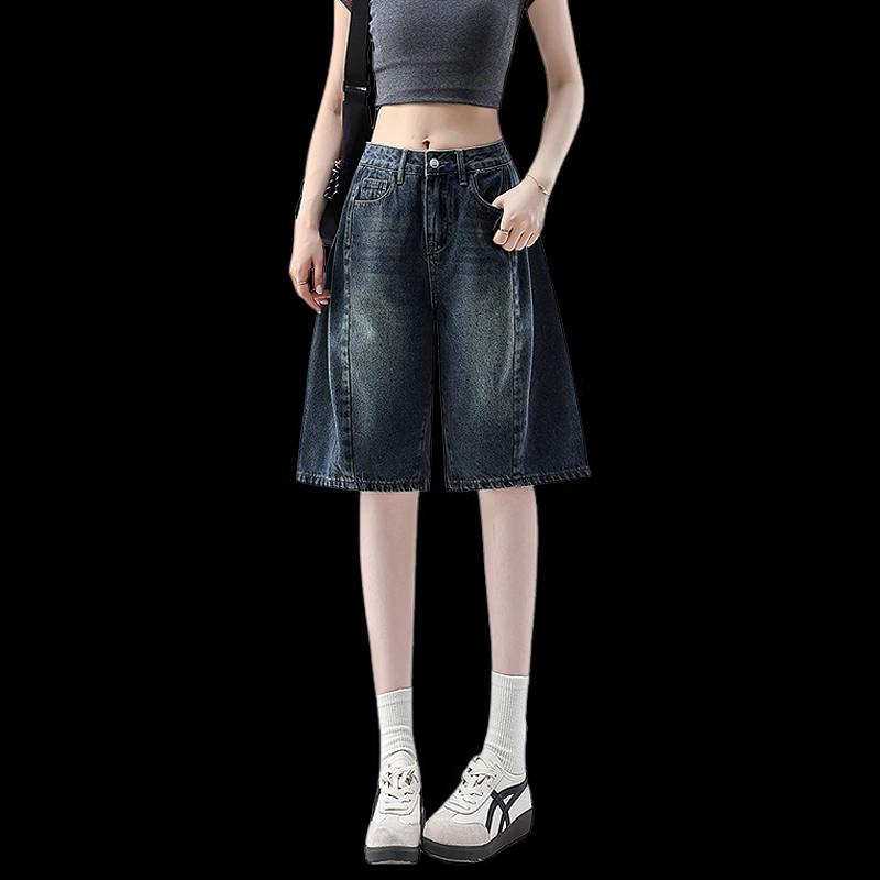 Izzueit Women's American Retro Washed Denim High-Waist Bermuda Shorts