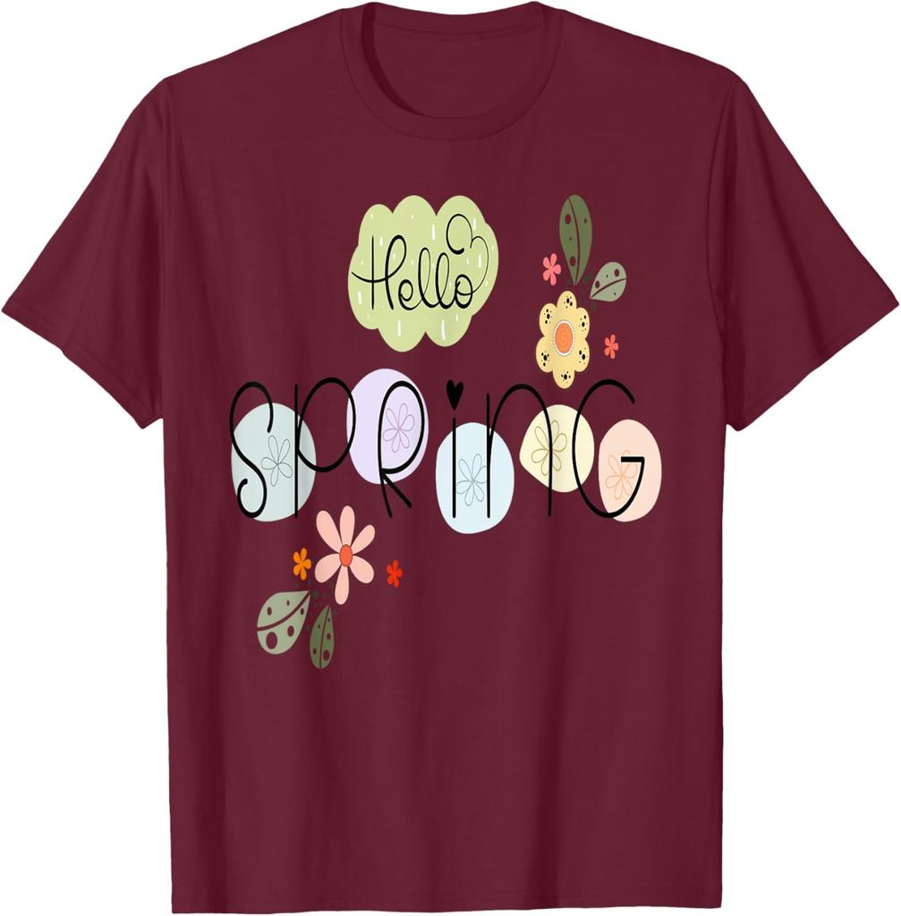 Hello Spring Flowers Graphic Tee Casual Cotton Short Sleeve T-Shirt Daily Wear